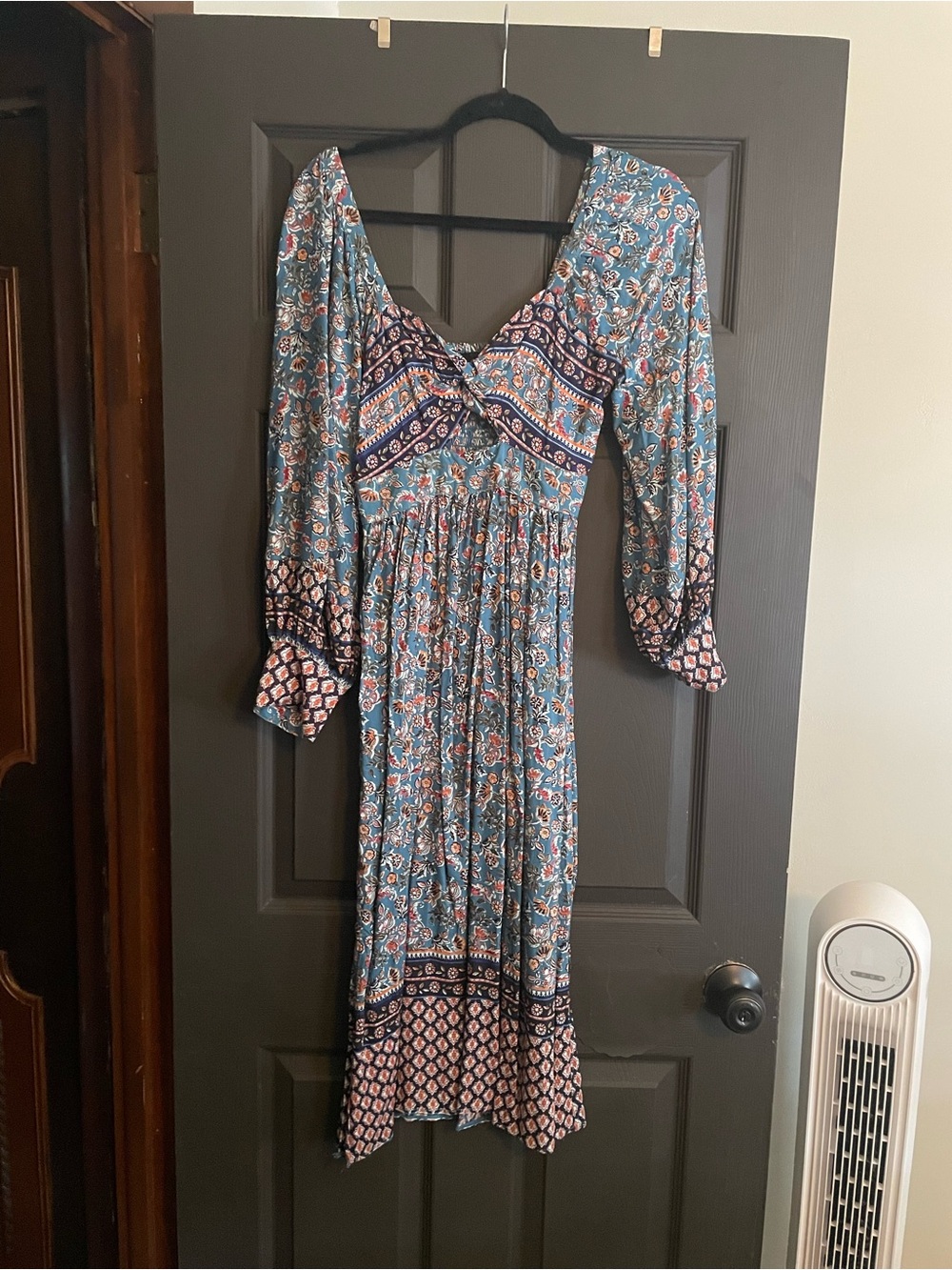 Angie Teal Floral Boho Midi Dress with Navy Accents